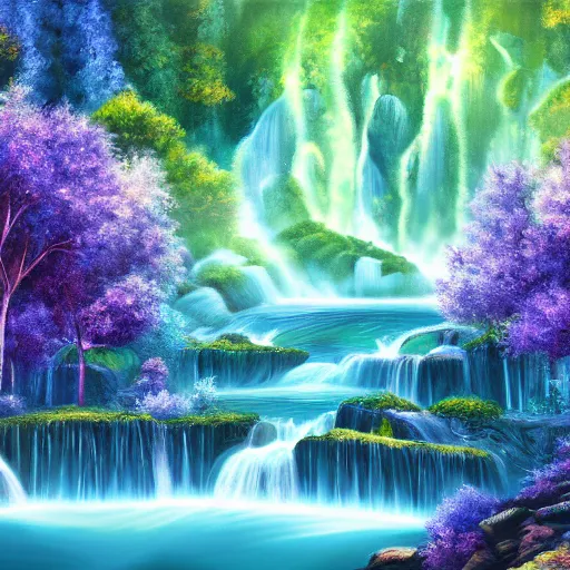 Image similar to mystical sparkling landscape with luminescent indigo and cyan trees and terraced waterfalls detailed airbrushed painting 4 k