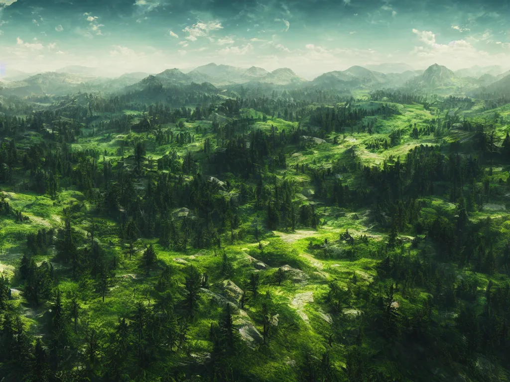 Image similar to epic view from a mountaintop, monumental mountains, green valleys with trees, digital painting, realistic render, 4k, 8k, photography, unreal engine, wallpaper, cinematic