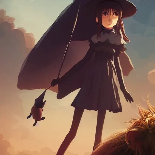 Prompt: full body portrait character concept art, anime key visual of a little witch with her capybara mascot, cinematic lighting, dramatic atmosphere, by dustin nguyen, akihiko yoshida, greg tocchini, greg rutkowski, cliff chiang, 4 k resolution, octane render