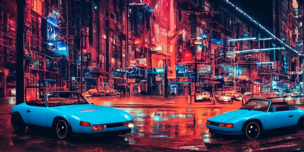 Image similar to blue porsche 9 1 4 convertable on a rainy city street, neon lights glowing, cinematic, ultrarealisitc, 4 k