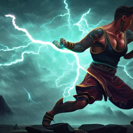 Image similar to tattooed gym bro mage in a lightning storm magic spell vfx, diagonal spell vfx, hearthstone colour style, fantasy game spell icon, fantasy epic digital art, by greg rutkowski