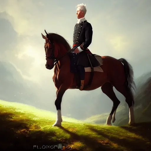 Prompt: portrait of bonnie prince charlie atop his horse, 4 k, concept art, by wlop, ilya kuvshinov, artgerm, krenz cushart, greg rutkowski, pixiv. cinematic dramatic atmosphere, sharp focus, volumetric lighting, cinematic lighting, studio quality