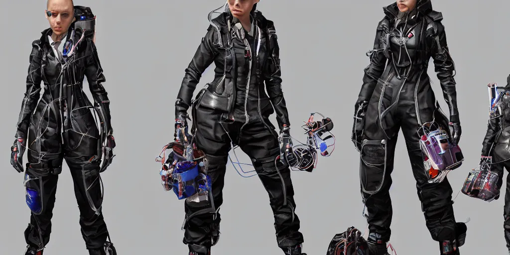 Prompt: a woman in scientist's jacket with a system of straps and pouches for collecting material by Tetsuya Nomura with Ralph Horsley and Mario Testino, trending on artstation and pixiv clean sci-fi concept art and sheet that using unreal engine 5 render and hyper detailed 3D texture with cinematic software light