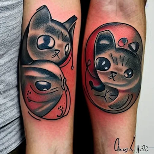 Prompt: two cats holding each other's tail, circle design, tattoo design, inking on skin, designed by Android Jones