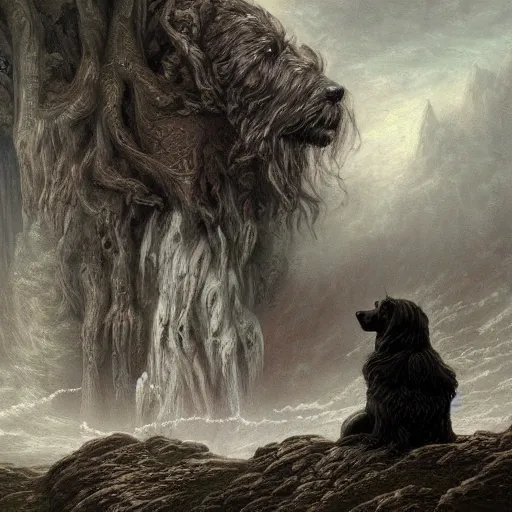 Image similar to dog with a blog, artstation, tolkien, highly detailed matte painting, gustave dore, victorian painting