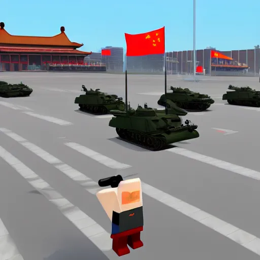 Prompt: roblox noob driving tank in tiananmen square, chinese flag