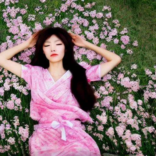 Image similar to photo full shot of beautiful Japanese women with perfect eyes and simetrical face, laying down in flowers, shot by Akira Kurosawa perfect cinematic light, 8k