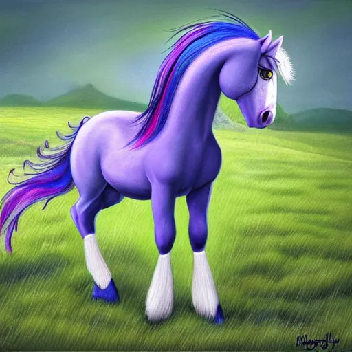 Prompt: a blue realistic pony with purple hair standing in the grass, an ultrafine detailed painting by muggur, featured on deviantart, brony art, flat shading, realistic horse, booru, ( twilight sparkle )