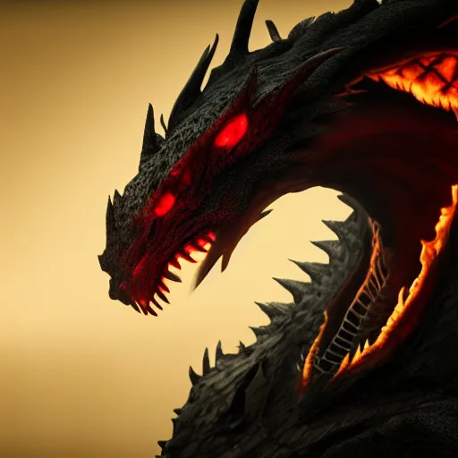 Prompt: portrait of the most fierce dragon ever, burning red eyes, photorealistic, intense lighting, unreal engine