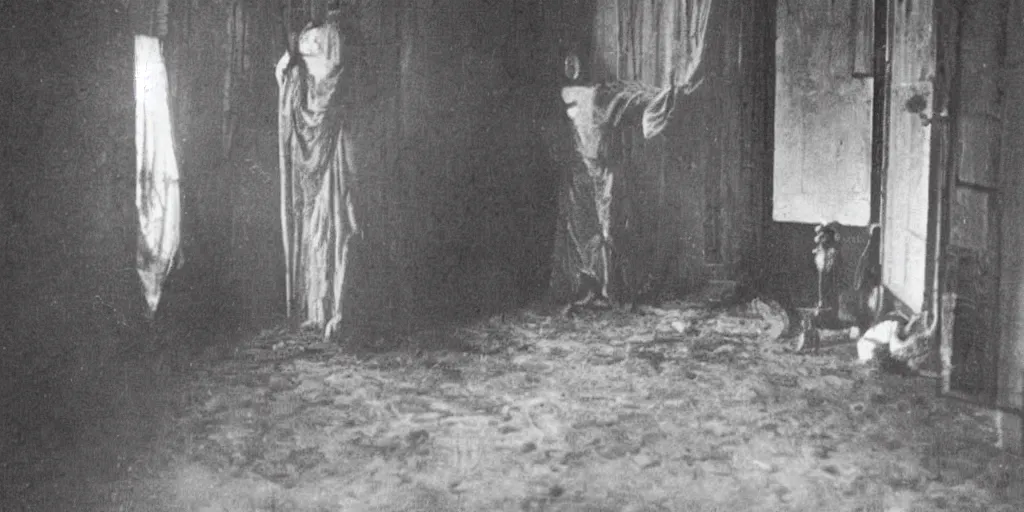 Image similar to scary unproportionable tall ghost creature inside a house crawling around, 1900s picture