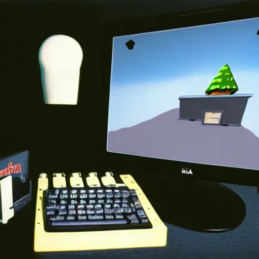 Image similar to photo of playing a computer game on an old black and green screen monitor in 1 9 8 5, ultima 4 adventure game, the room is dark and wide, cans of soda and cupcake packages scattered, atari joystick