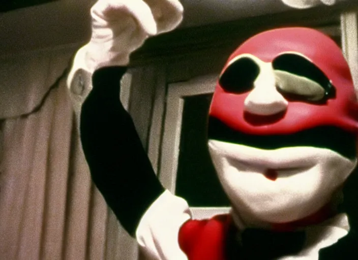 Image similar to film still of hamburglar in a 1 9 8 0 s slasher movie