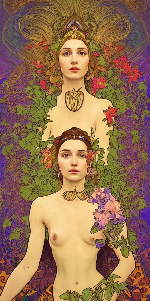 Image similar to a portrait painting of a singular beautiful female godess of spring, colorful flowers, holy geometry, tarot card style, by Mohrbacher and Moebius and Alphonse Mucha and Roger Deakins, cinematic lighting, masterpiece, golden ratio background, highly detailed, 8k resolution, trending on art station