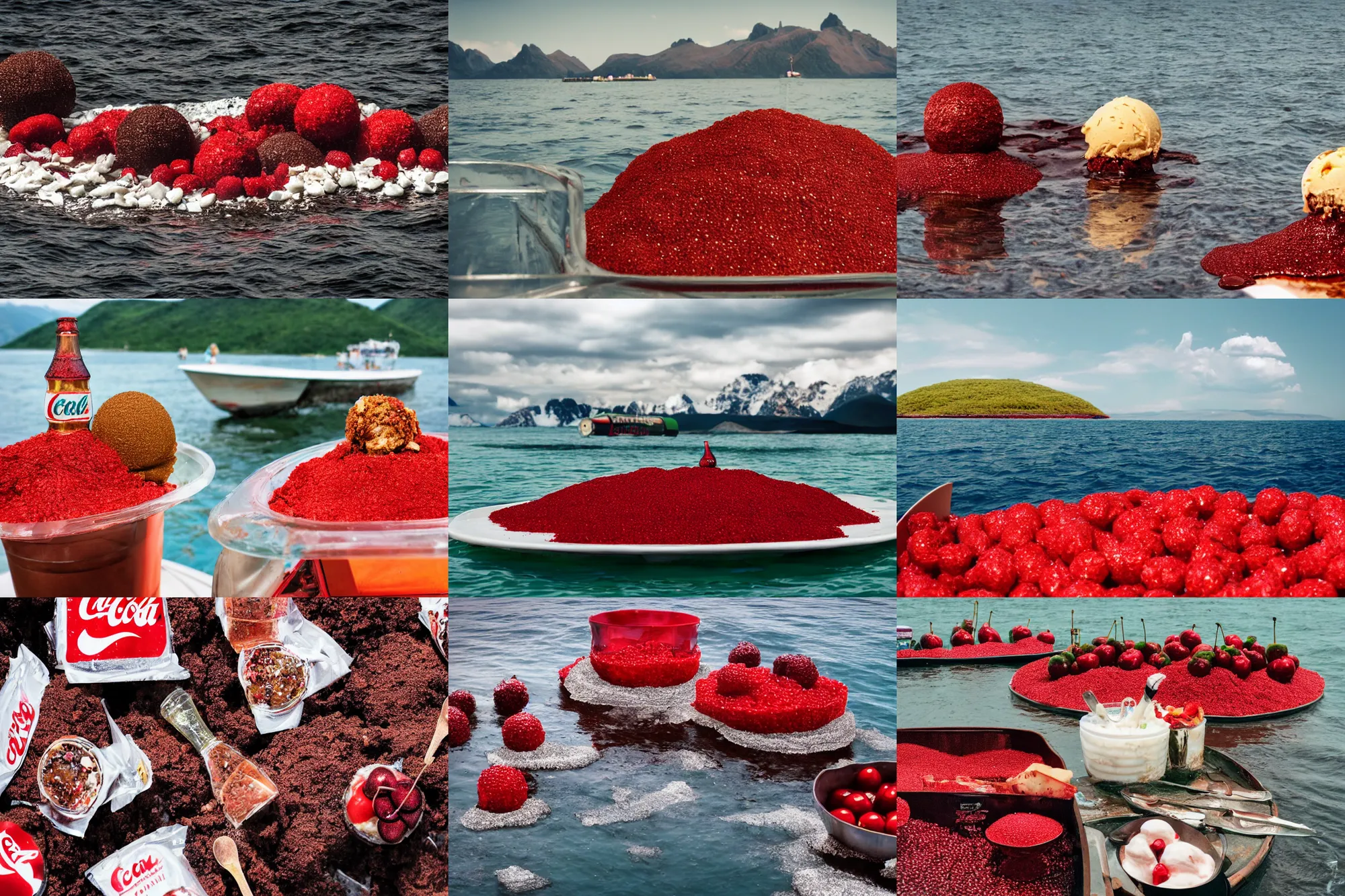 Prompt: an island made of food, around the island instead of water coca - cola ( dark brown ), instead of sand red caviar, instead of mountains ice cream with cherries, photo taken from a boat, 3 5 mm, cinematic