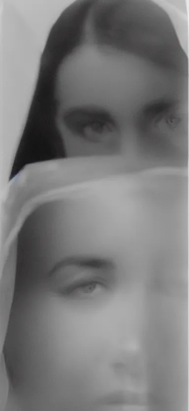 Image similar to filmstill photography of female face covered with white translucent blanket