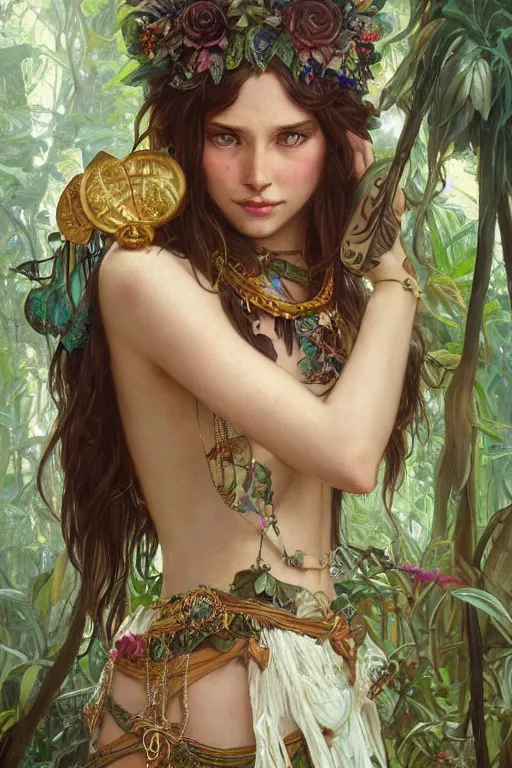 Image similar to ultra realistic illustration, bohemian girl in jungle wearing amulet of power, intricate, elegant, highly detailed, digital painting, artstation, concept art, smooth, sharp focus, illustration, art by artgerm and greg rutkowski and alphonse mucha