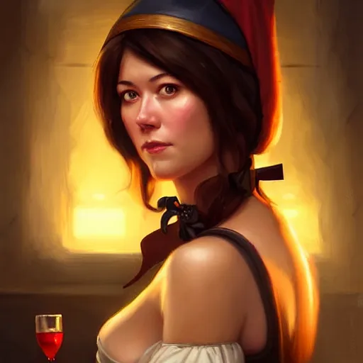 Image similar to a portrait digital painting of mary elizabeth winstead as a medieval bar maid in a tavern at night. painted by artgerm, ross tran.