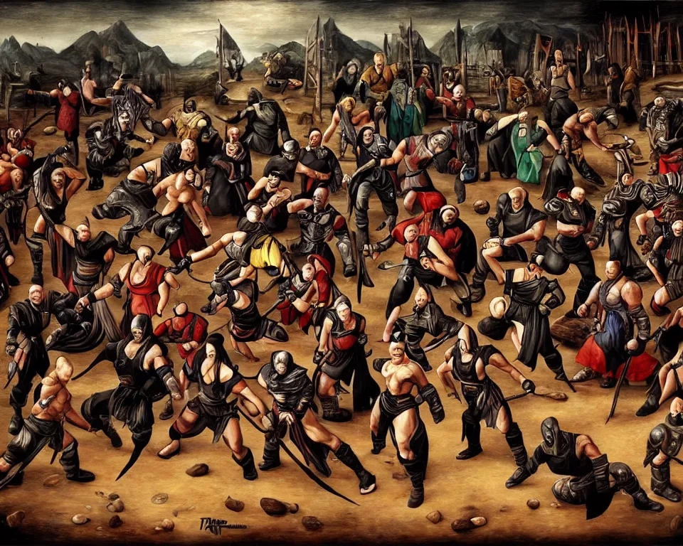 Prompt: mortal kombat characters art by hieronymus bosh, triumph of death by pieter brueghel