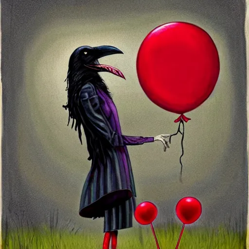 Prompt: grunge cartoon painting of a raven with a wide smile and a red balloon by chris leib, loony toons style, pennywise style, corpse bride style, horror theme, detailed, elegant, intricate