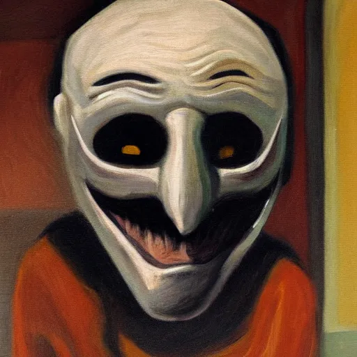 Image similar to a painting of an old man wearing a scary mask