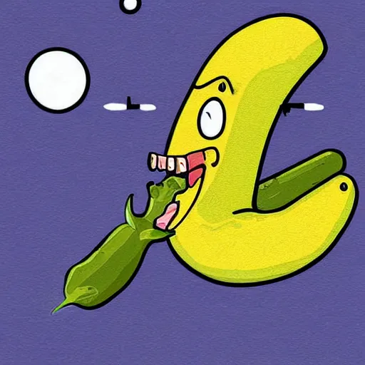 Prompt: Cartoon art of a hungry banana eating a pickle on Saturn, digital art, detailed,