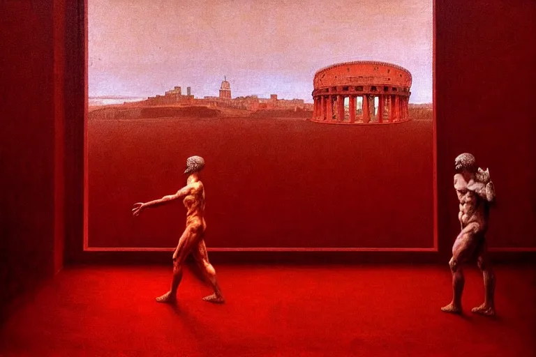 Image similar to only with red, caesar after win war, the deal, a red tiger, in hoc signo vinces, rome in background, an ancient path, in the style of beksinski, part by hopper, part by rodcenko, part by hofbauer, intricate composition, red by caravaggio, insanely quality, highly detailed, masterpiece, red light, artstation