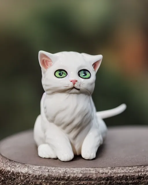 Image similar to high quality presentation photo of a detailed porcelain figurine of a cute cat, photography 4k, f1.8 anamorphic, bokeh, 4k, Canon, Nikon