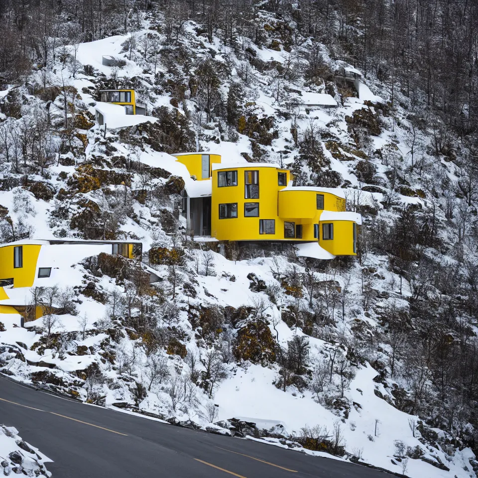 Image similar to an asphalt road leading to a mid-century modern house on top of a cliff in the arctic, covered with snow, designed by Frank Gehry. Big tiles. A car is parked in front. Film grain, cinematic, yellow hue