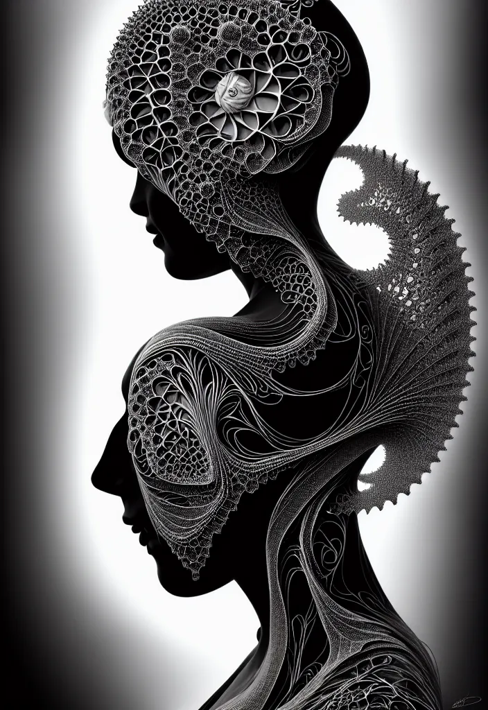 Image similar to portrait of a young beautiful woman with a partially covering mask. fractal, mandelbulb technique. black and white, black on black. intricate, elegant, super highly detailed, professional digital painting, smooth, extreme illustration, Photorealism, HD quality, 8k resolution, 3D, beautiful, cinematic, art. art deco, art nouveau.