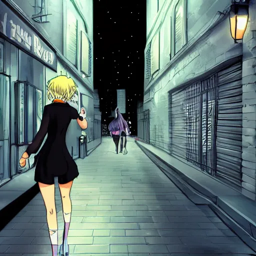 Image similar to a blonde woman with a ponytail wearing black clothes wanders through a city at night, anime