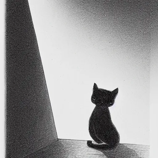 Prompt: a tiny cat casting an horrible shadow on a gigantic wall behind, detailed sketch, moebius