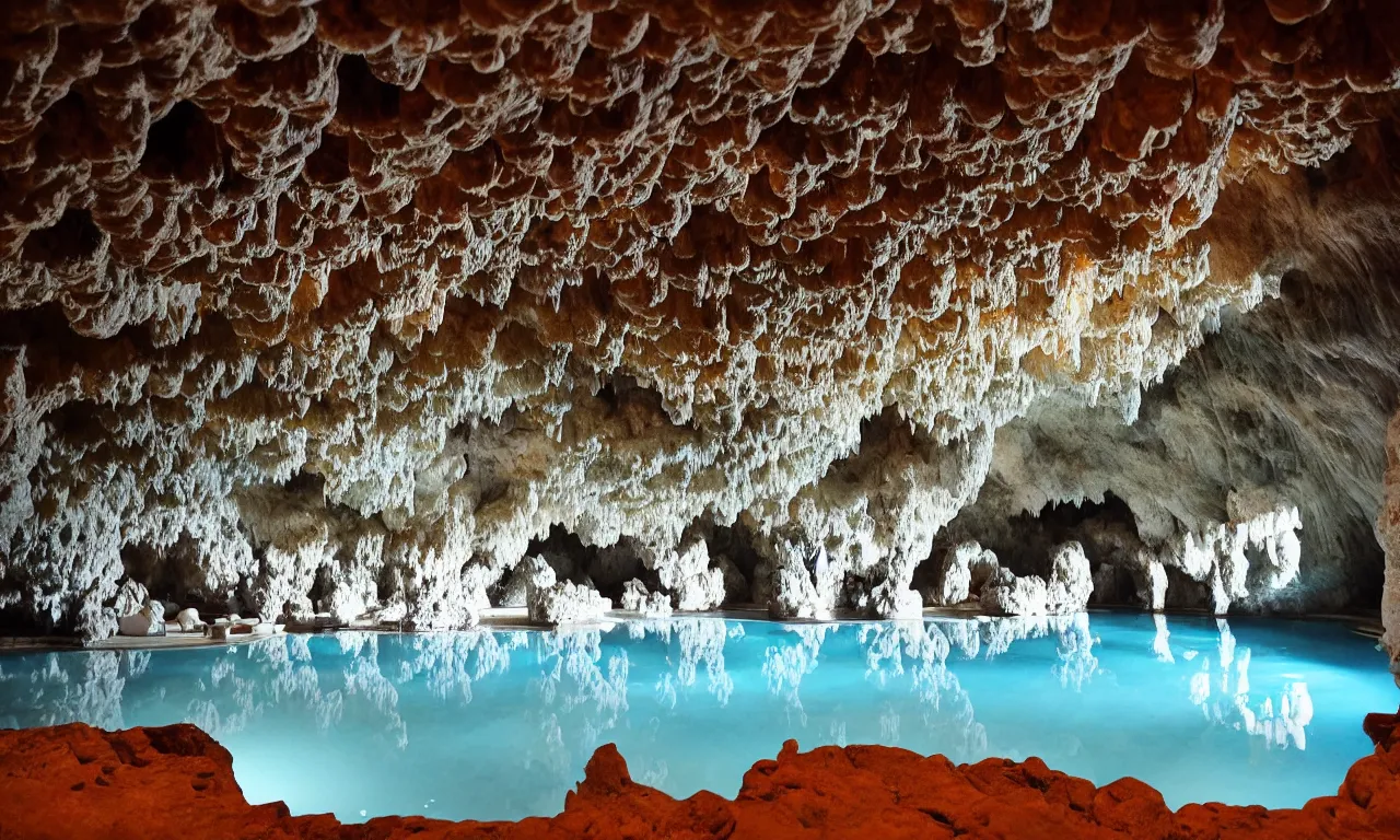 Image similar to an extremely large cave, brightly lit, filled with quartz crystal formations, pools of water