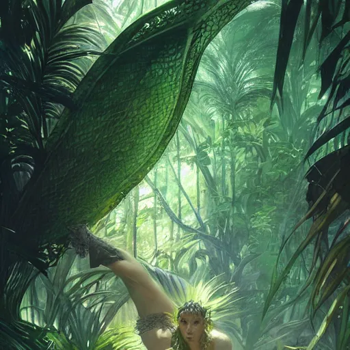 Image similar to A large green scaled dragon egg in a tropical jungle, fantasy art by greg rutkowski and alphonse mucha, highly detailed, digital painting, matte painting, concept art, illustration, oppressive lighting, trending on artstation, very detailed