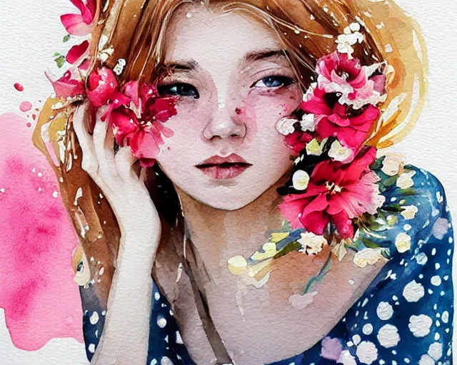 Image similar to pale young woman with bright blonde hair, freckles, big bright eyes and a very wide face, flowery dress, she is holding a professional dslr camera close to her face with her hands, expressive, surrealism, emotional watercolor art by conrad roset