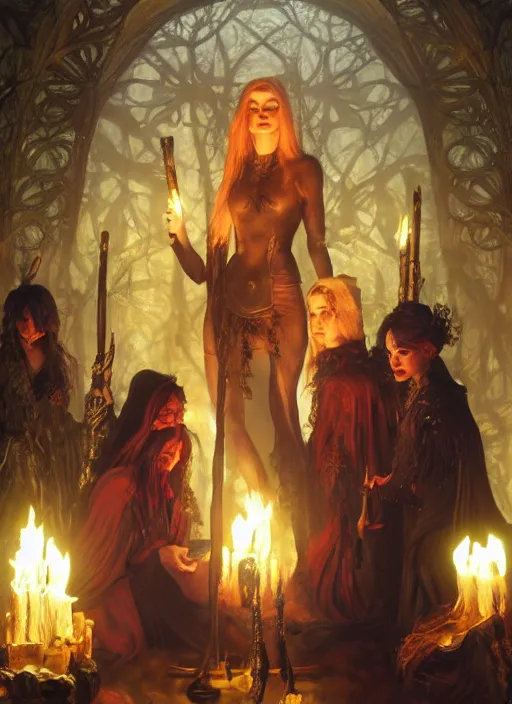 Image similar to firestarter inside covens den, intricate wiccan scene detailing, hyperdetailed, photorealistic, diffuse lighting, hdrp, artstation, unreal 5, smooth, textless, sharp focus, art by john collier, albert aublet, krenz cushart, artem demura, alphonse mucha