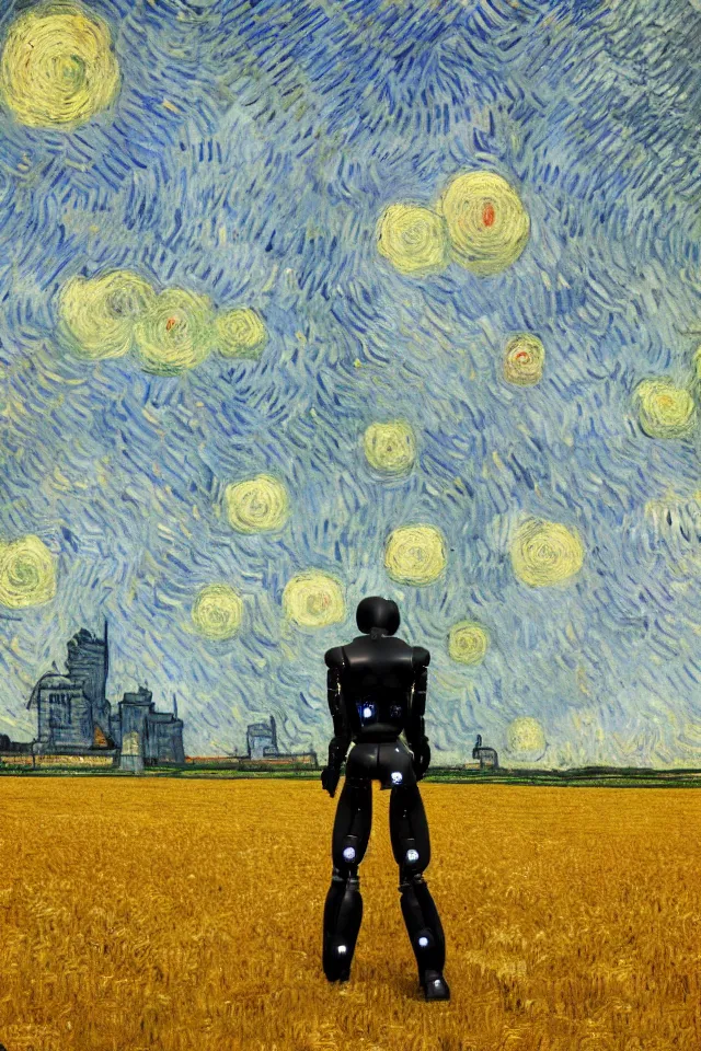 Prompt: concept art of the back view of one humanoid robot on the ground, many distant big tall buildings far away, vast wheat fields, by van gogh, godrays, atmospheric, cinematic, distant world, wide angle, detailed