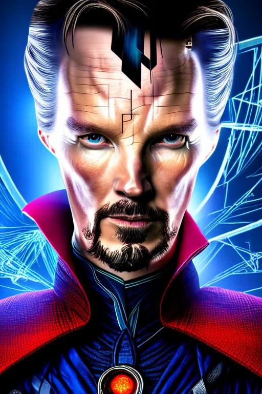 Image similar to futuristic portrait art of an armored cyberpunk doctor strange, futuristic style doctor strange, cyberpunk, cinematic movie still 2 0 7 7