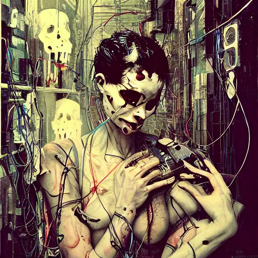 Image similar to in a dark room, a male cyberpunk hacker, skulls, wires cybernetic implants, machine noir steelpunk grimcore, in the style of adrian ghenie esao andrews jenny saville surrealism dark art by james jean takato yamamoto and by ashley wood