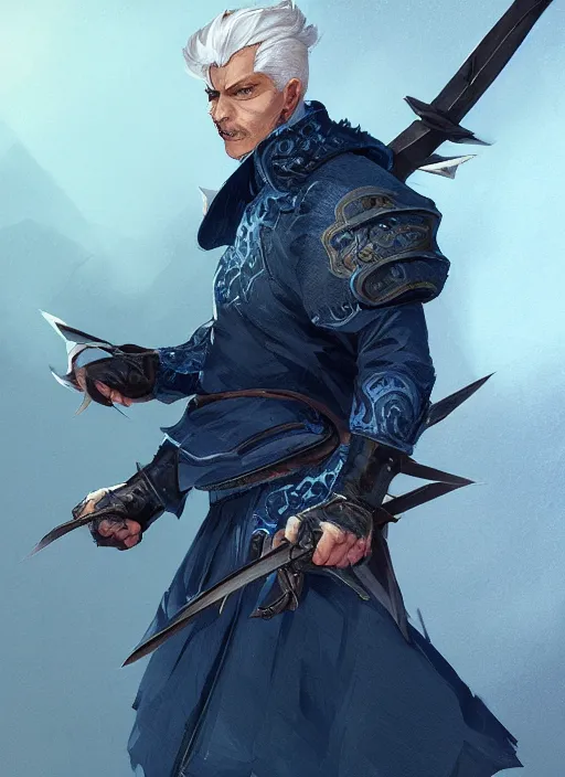 Prompt: a highly detailed illustration of fierce short slick back white haired man wearing dark blue coat, bright blue eyes, dramatic wielding katana pose, intricate, elegant, highly detailed, centered, digital painting, artstation, concept art, smooth, sharp focus, league of legends concept art, wlop