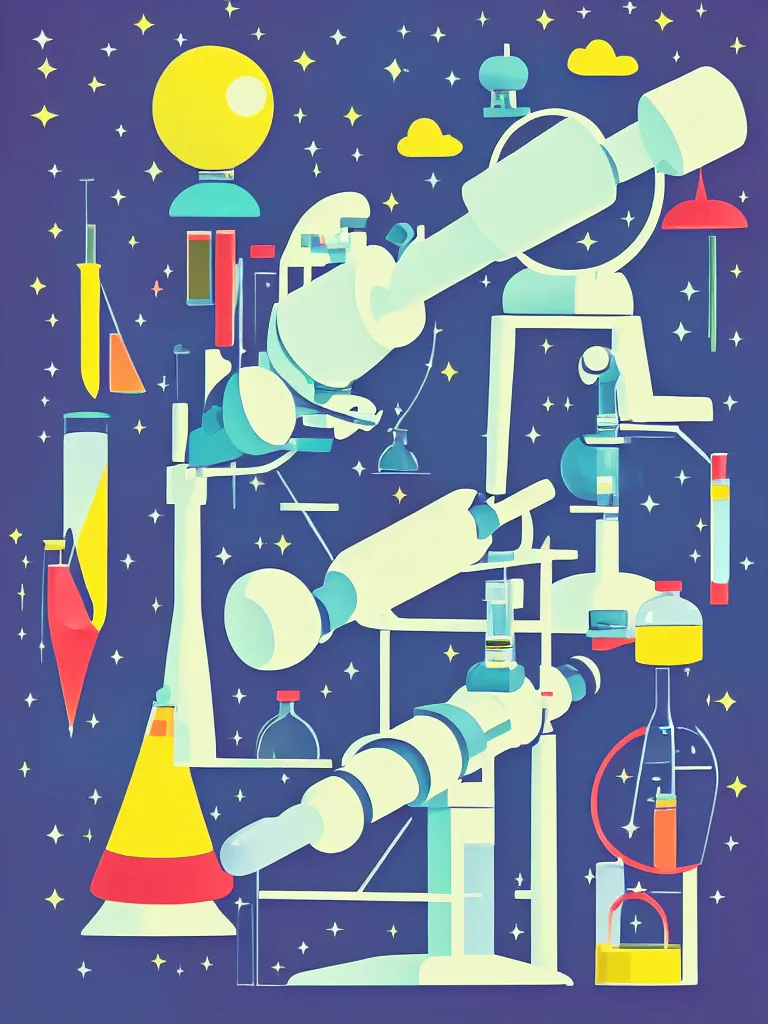 Image similar to editorial illustration scientific lab test tube telescope microscope spaceship, colorful modern, mads berg