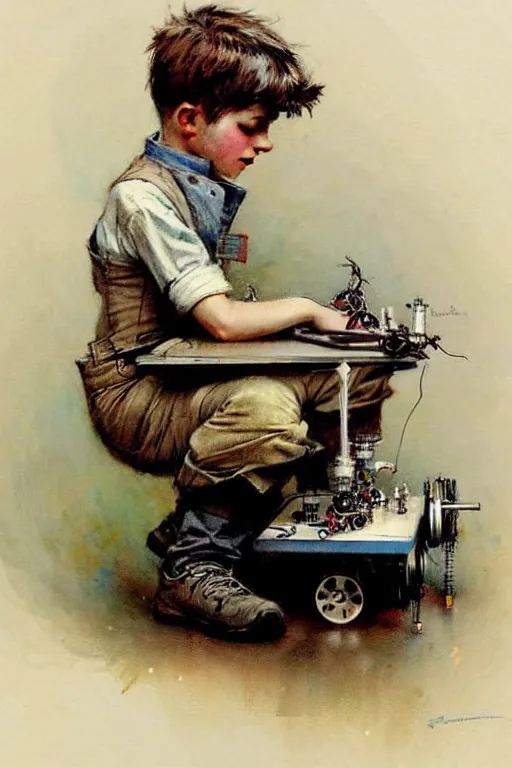 Image similar to (((((1950s a boy working on his robot . muted colors.))))) by Jean-Baptiste Monge !!!!!!!!!!!!!!!!!!!!!!!!!!!