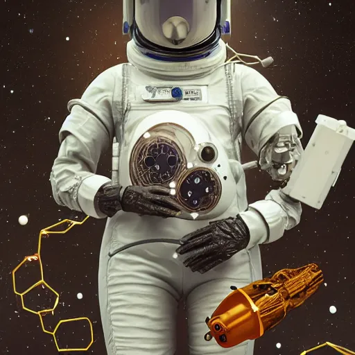 Image similar to a cybernetic symbiosis cybernetic mech astronaut sniper woman in a nasa eva suit with small nixie tube barnacles, nasa eva suit, by beeple, white fractals, small nixie tubes, nasa canadarm, maxillipeds, chelicerae, chelate appendages,