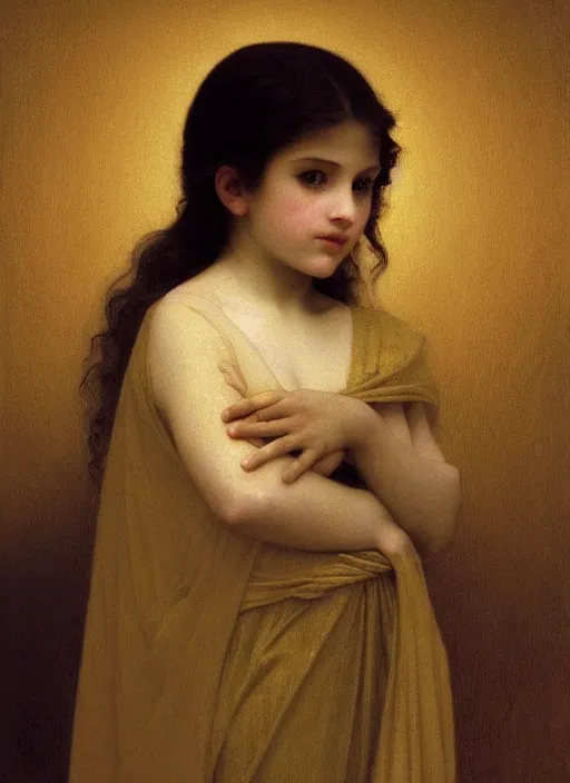 Image similar to shadows in the dark lurking on a lost little girl wearing a gold cloak, backlight, creepy, extremely realistic and highly detailed painting by william - adolphe bouguereau and caravaggio, soft light, gold ratio