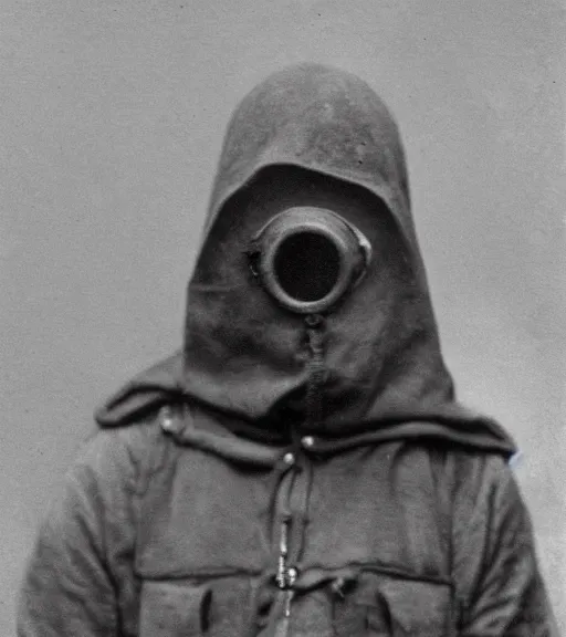 Prompt: a man at distance wearing hooded beaked mask covering his entire face, full body portrait at distance, ww1 film photo, grainy, high detail, high resolution