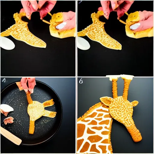 Image similar to making of an edible giraffe in 4 steps, from the beautiful'how to make food art step by step collection ', dslr