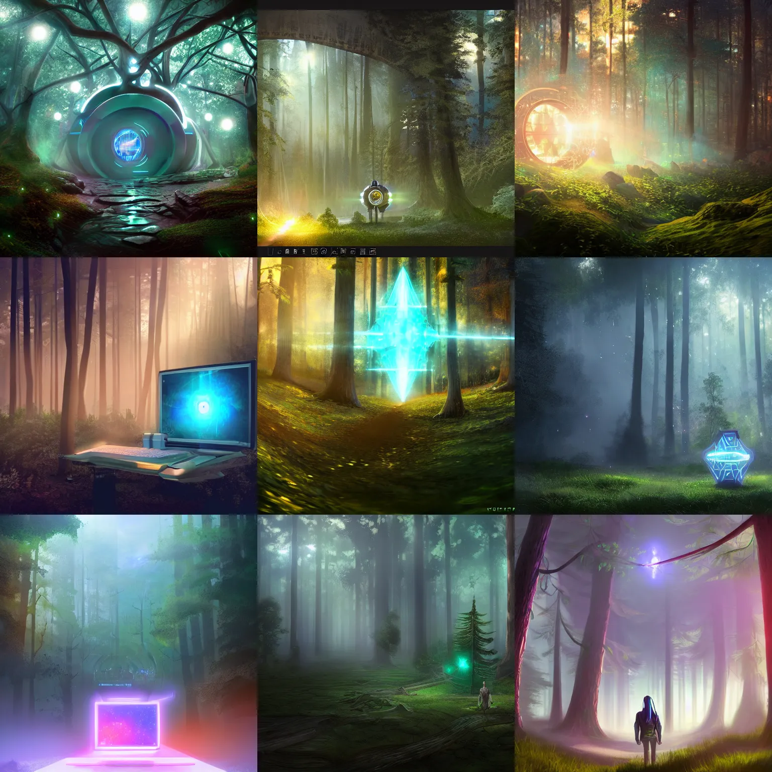 Prompt: magical futuristic computer in a forest, realistic cinematic, volumetric lighting, centered, symmetrical, sharp focus, digital painting, mystical art, smooth, trending on Artstation, 4k