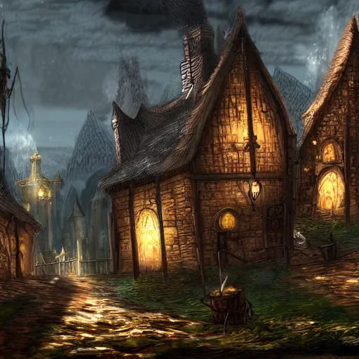 Prompt: a large fantasy village in darksouls, dark fantasy, digital painting
