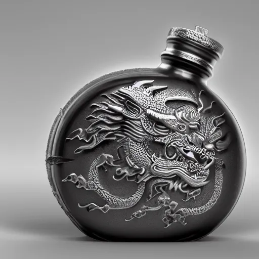 Image similar to transparent ancient boar flask with a Chinese dragon, raytracing, orthographic 3d rendering, octane render