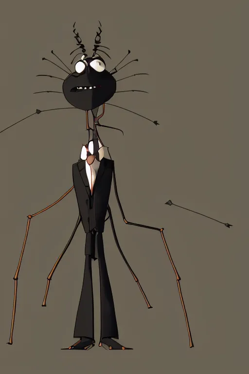 Prompt: full body shot of a thin anthropomorphic cockroach wearing a suit with a tie, with long antennae, trending on artstation, trending on deviantart ,backlighting, 8k, hyper detail illustration, symmetrical, correct proportions, 3d render, by tim schafer, vibrant colors, by tim burton, studio ghibli