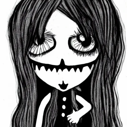 Image similar to Cute emo doll, black line art, in style of Tim Burton